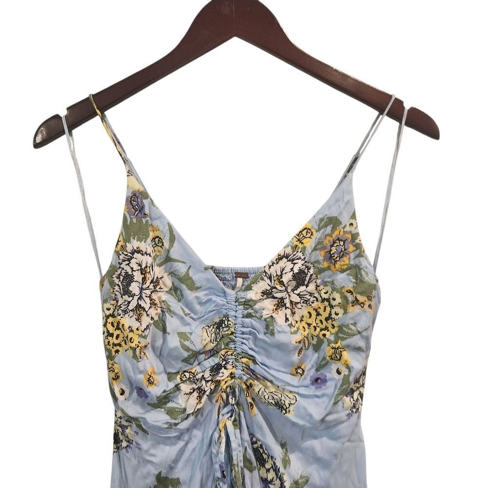 Free People Happy Heart Ruched Blue Floral Dress XS Blue Yellow - Picture 5 of 8